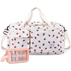 Women Strawberry White Small Gym Carry On Weekender Travel Shoe Compartment Bag